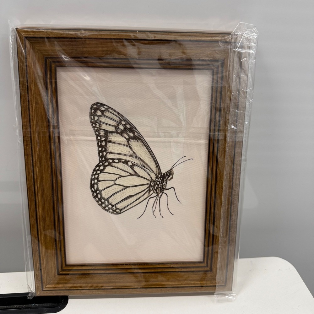 Vintage Style Butterfly Sketch Framed Wall Art Wood Grain Frame 8x10